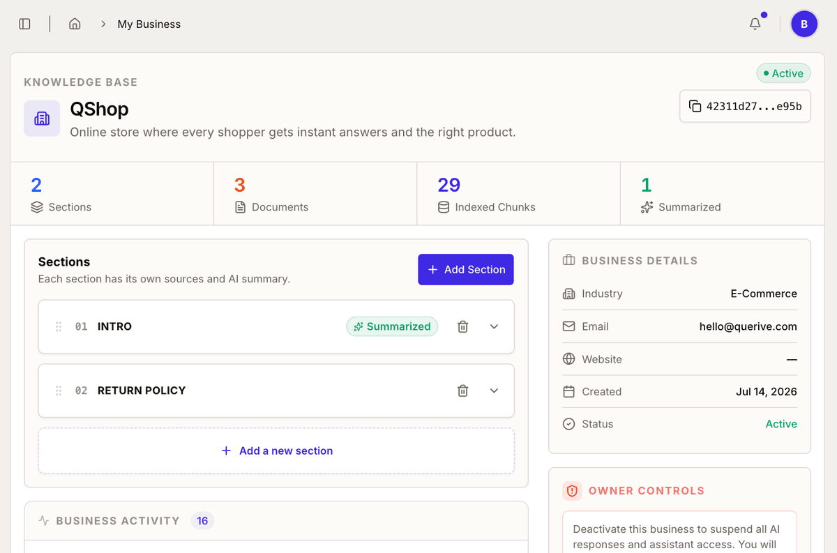Querive console, Business Details and knowledge base