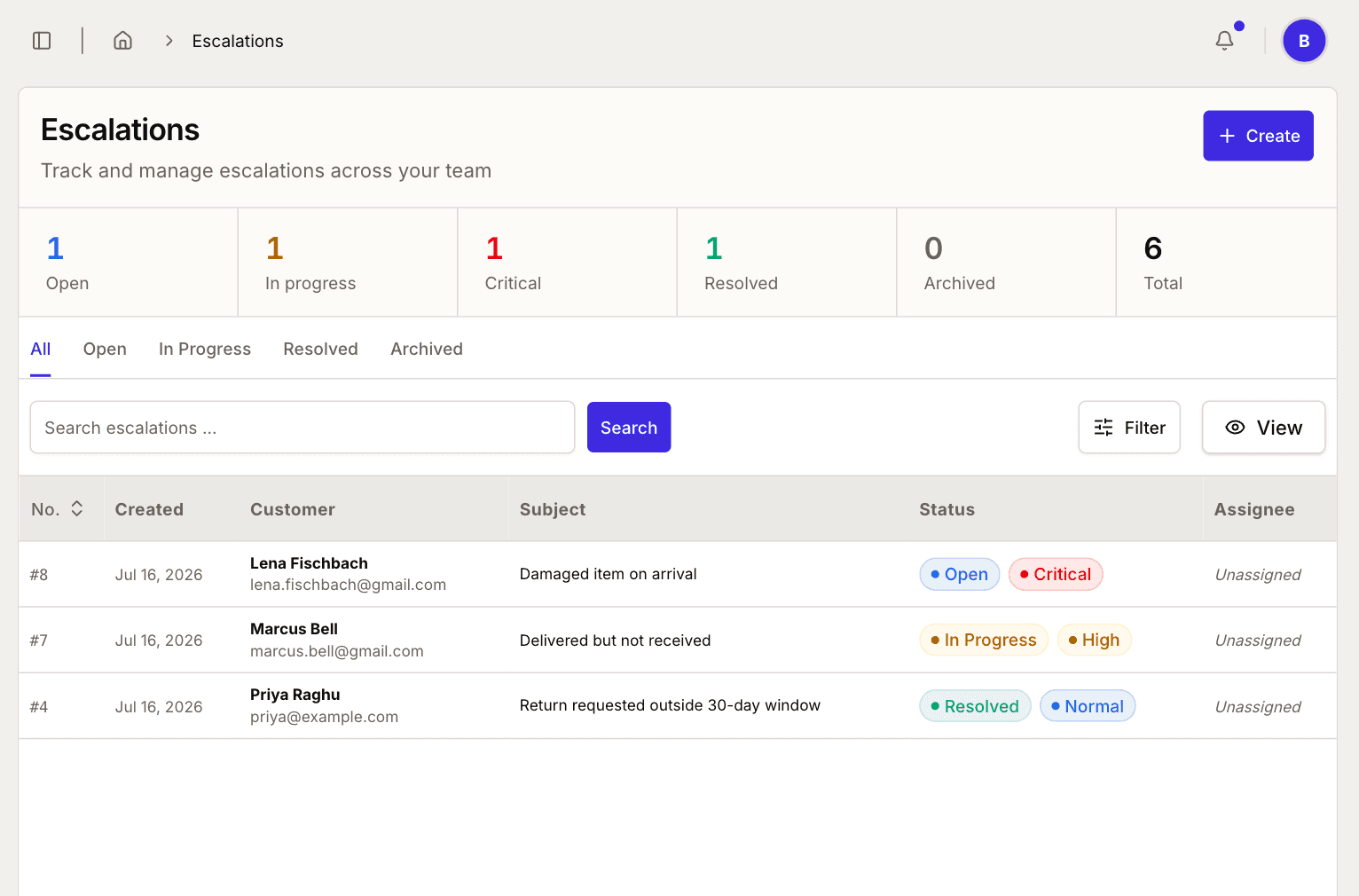 The Escalations board in the Querive console, each escalation already categorised and prioritised