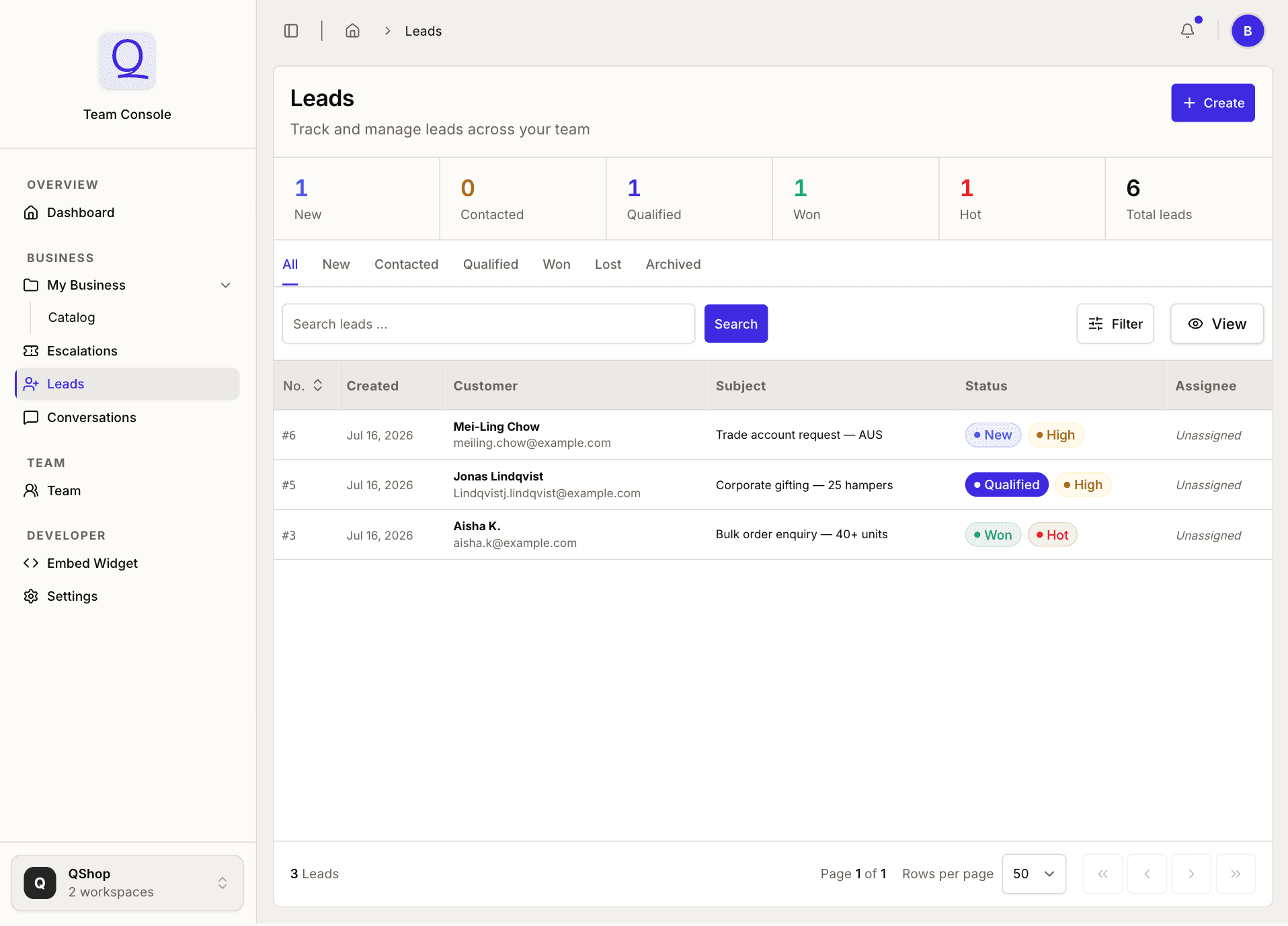 The Leads board in the Querive console, worked by sales alongside the separate Escalations board